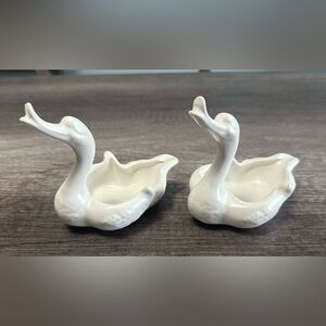 Set of two Swan Figurine Trinket Holder Ceramic Porcelain Stretched Neck Vintage